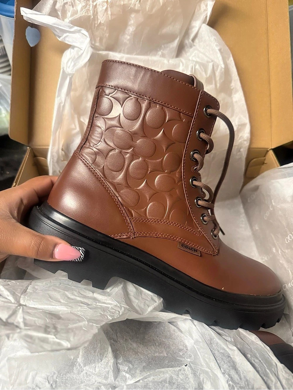 Coach Combat Boot In Signature Leather Combat Boots Brown & Black